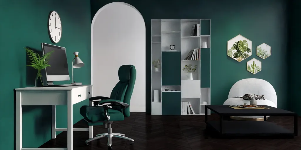 a room with a chair, desk, and a clock 