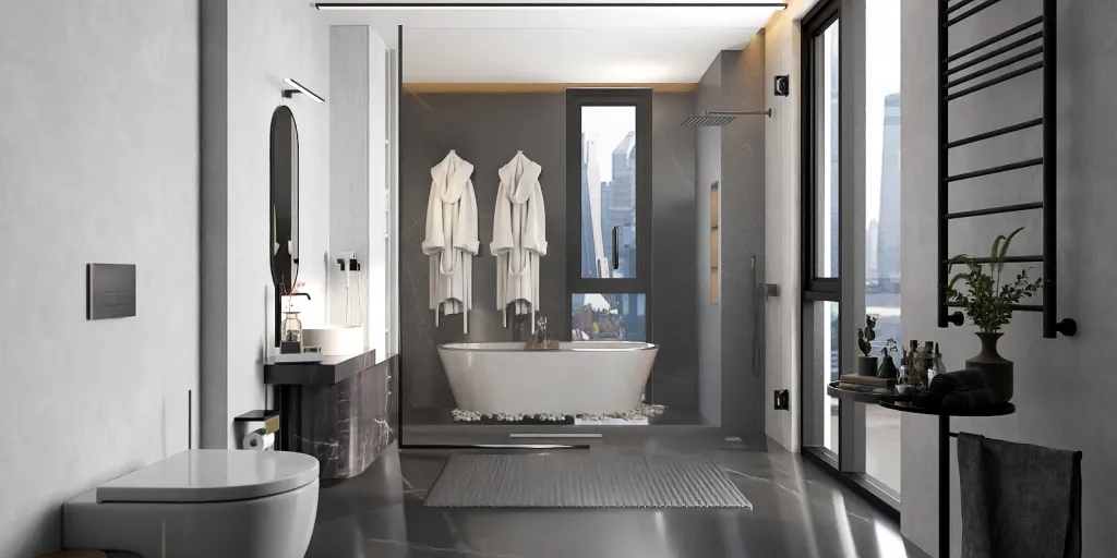 a bathroom with a tub, toilet and sink 