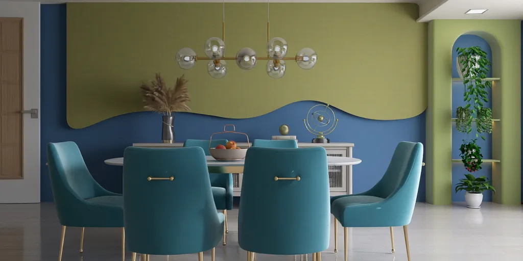 a dining room table with a blue chair and a blue wall 