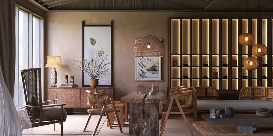 cozy living room with rustic decor showcasing a wooden dining table and comfortable seating arrangement, designed in a contemporary style for optimized space usage using Homestyler's smart furniture layout feature.