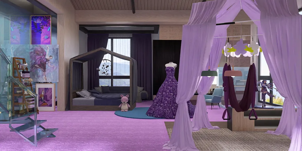a room with a purple carpet and a blue floor 