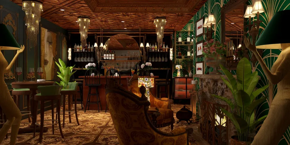 luxurious bar interior featuring elegant furniture arrangement in a vintage style, showcasing rich textures and warm tones, optimized for interior decor visualization using Homestyler's real-time 3D rendering capability.