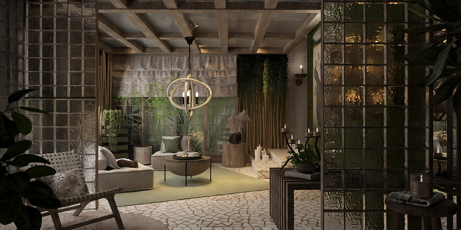 Wood Glass Candles and Greenery