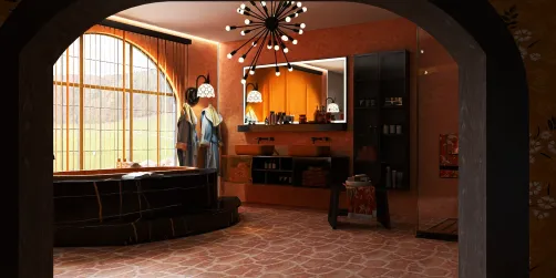 Stylish bathroom interior featuring a modern soaking tub, designed in a contemporary style with warm colors, showcasing the use of Homestyler's real-time 3D rendering for effective design proposal presentation.