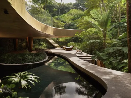 lush outdoor pool area with modern lounge chairs surrounded by tropical plants and trees, featuring a curved wooden deck in a natural style that enhances the serene atmosphere, ideal for showcasing interior design concepts in Homestyler.