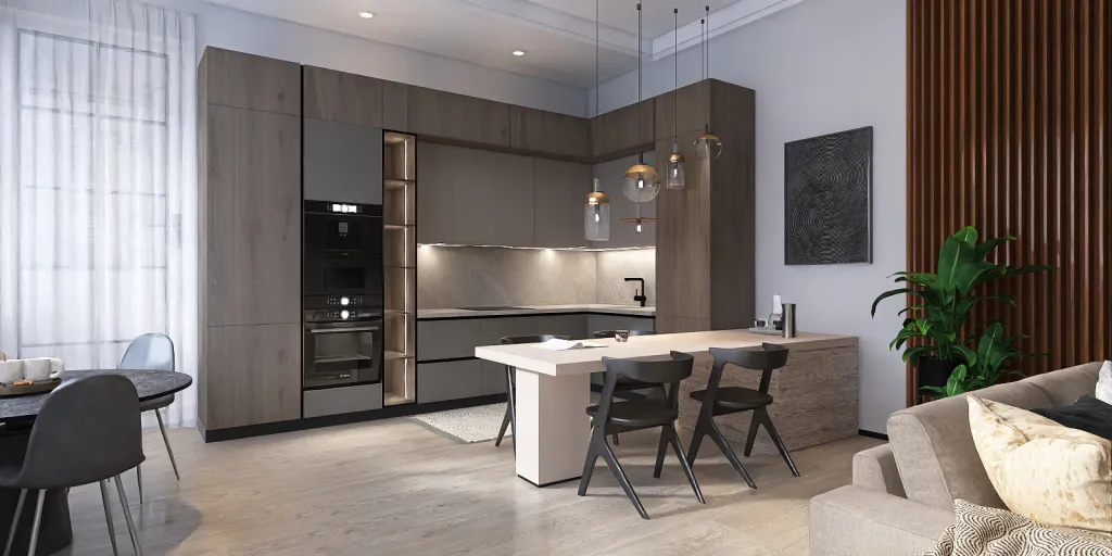 a kitchen with a table, chairs, refrigerator and a microwave 
