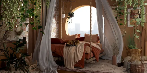 cozy bedroom with hanging plants and warm tones featuring a canopy bed design complemented by Homestyler's real-time 3D rendering for interior decor optimization