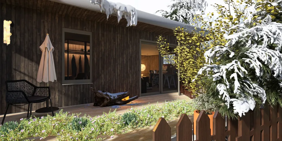 stylish outdoor patio design featuring a rustic wooden house, showcasing winter elements and a cozy seating area, enhancing the space's value with smart furniture arrangement using Homestyler's real-time 3D rendering feature.