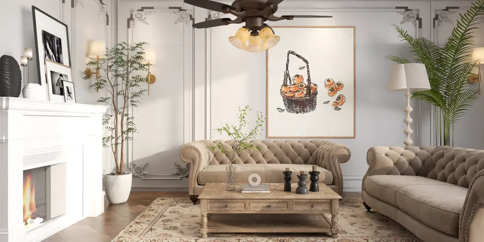 Chesterfield sofa arrangement in a classic living room with wooden coffee table and decorative art piece, showcasing interior decor techniques in Homestyler.