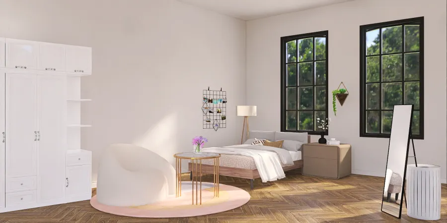 a room with a bed, table, and a window 