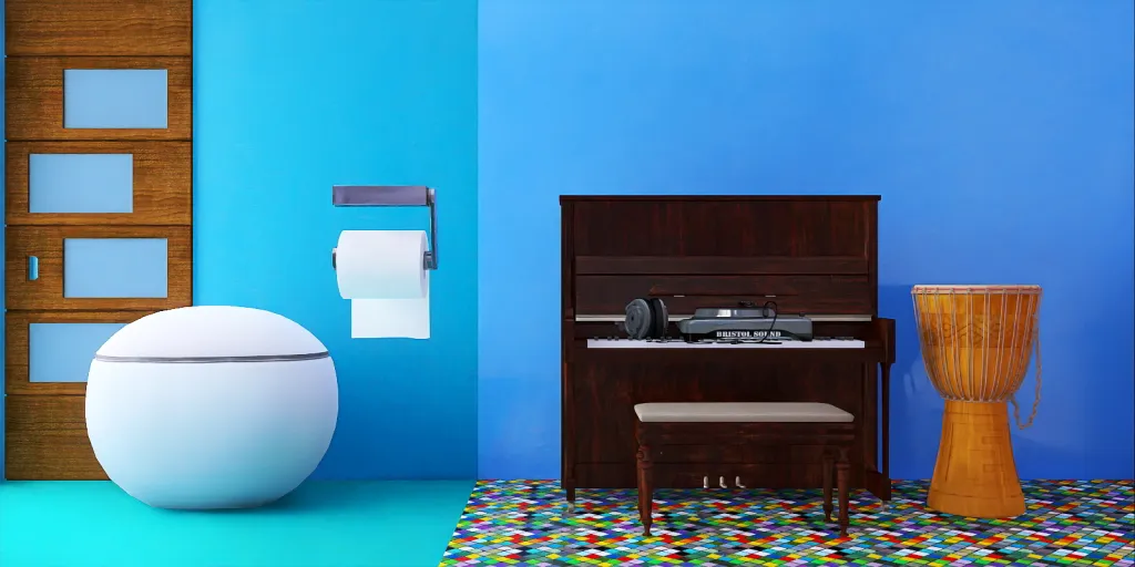 a small bathroom with a toilet and a blue rug 