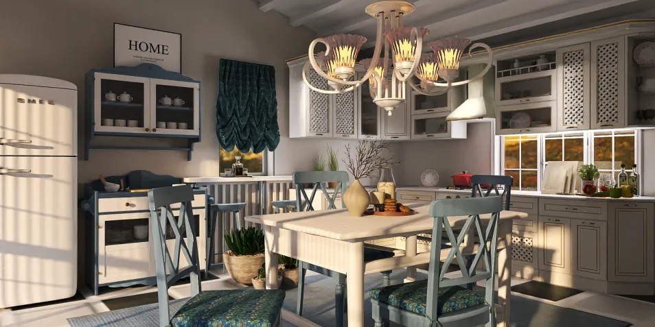 kitchen interior design featuring a stylish dining table arrangement with elegant chairs in a classic style, enhanced by the Homestyler's real-time 3D rendering functionality for effective design visualization.