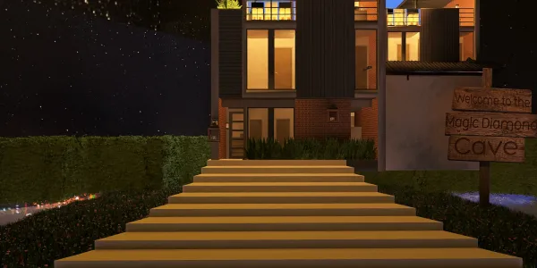 modern house entrance design featuring a welcoming pathway illuminated by stars and greenery, showcasing outdoor space value with Homestyler's real-time 3D rendering feature.