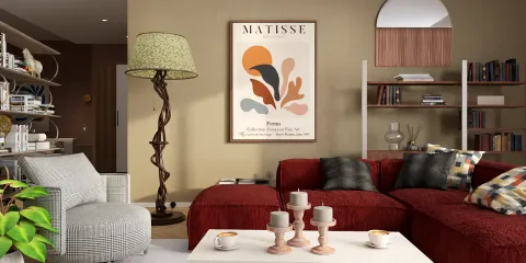 A cozy living room featuring a maroon sectional sofa with patterned cushions and a stylish textured armchair, designed using Homestyler's intelligent furniture arrangement feature to optimize small space layout in a modern contemporary style.