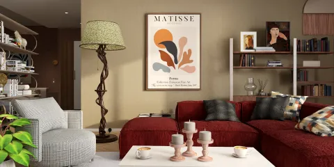 cozy living room featuring a red sectional sofa with playful cushions, showcasing contemporary art style with Matisse poster, ideal for interior decor inspiration using Homestyler's real-time 3D rendering feature.