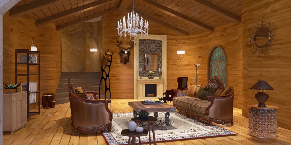 a living room with a fireplace and a large wooden table 