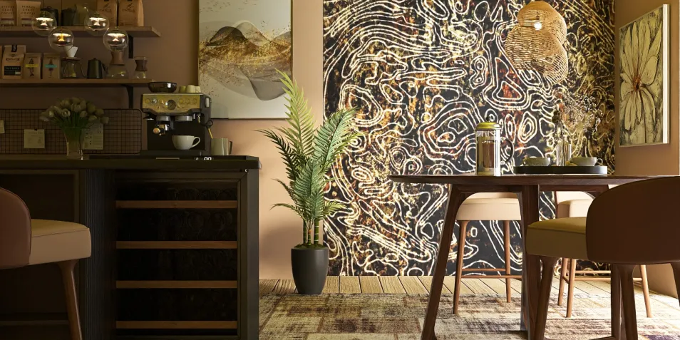 modern dining area with stylish furniture arrangement featuring a striking abstract wall design, creating an inviting atmosphere for social gatherings, optimized for small space interior decor using Homestyler's real-time 3D rendering feature.