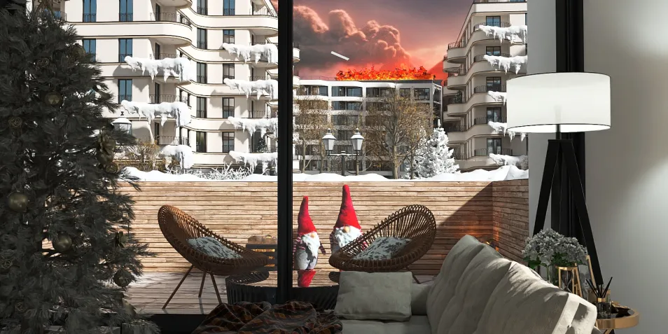 cozy living room with modern furniture overlooking a snowy landscape with a sunset view, featuring an immersive 3D design and real-time rendering capabilities by Homestyler.