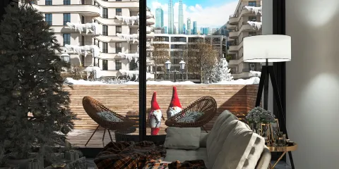 cozy living room with modern decor featuring a large window showcasing a winter cityscape, enhancing the indoor aesthetic with a view of two festive gnomes outside, utilizing Homestyler's real-time 3D rendering feature for instant design preview.