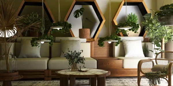Elegant seating area featuring indoor plants, showcasing harmonious greenery arrangement, modern styling, and space enhancement with smart furniture placement using Homestyler's AR virtual placement feature.