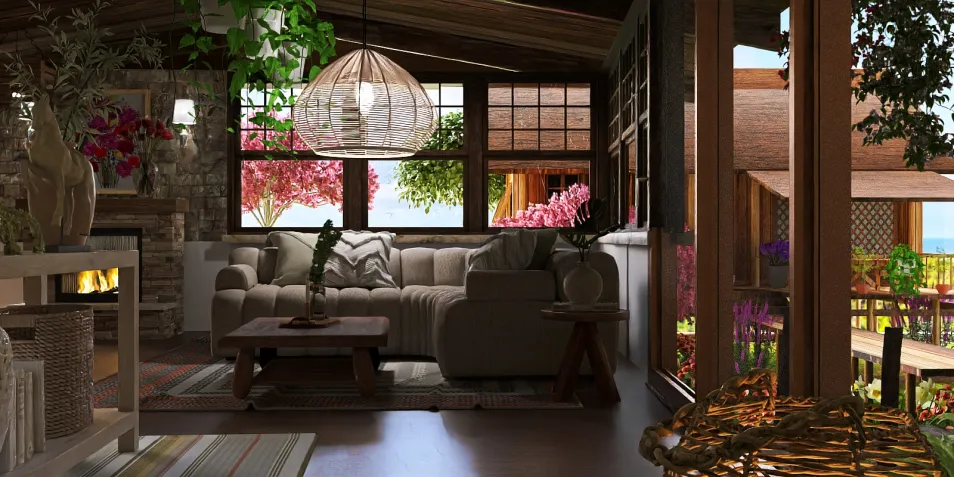 cozy living room featuring a comfortable sofa and elegant decor with large windows enhancing natural light in a rustic style, showcasing an interior design concept using Homestyler's real-time 3D rendering.