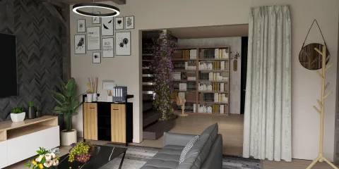 Living room with modern furniture arrangement showcasing a cozy ambiance, featuring wall art and a stylish bookshelf, utilizing Homestyler's real-time 3D rendering for enhanced interior design visualization.