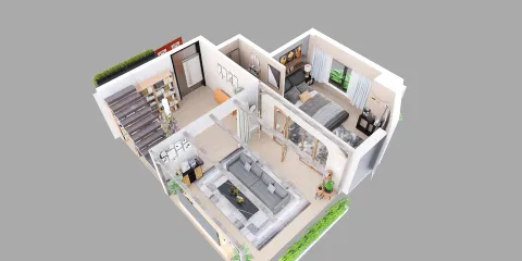 3D floor plan layout showcasing a modern living room design with furniture arrangement and interior decor, highlighting Homestyler's real-time 3D rendering feature for quick design proposal previews.