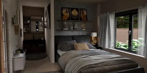 bedroom interior design showcasing a modern aesthetic with a cozy atmosphere, featuring realistic 3D rendering to visualize the layout and elements, utilizing Homestyler's core feature of real-time 3D rendering for design proposals.