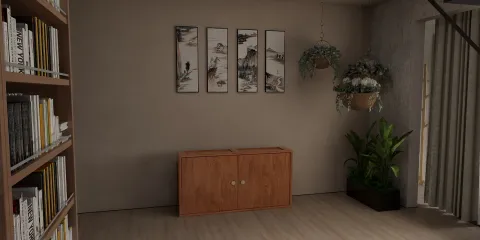 Wooden cabinet with modern artwork on the wall, styled in a minimalist aesthetic for a cozy living room space; featuring interior decor ideas that leverage Homestyler's real-time 3D rendering capabilities.