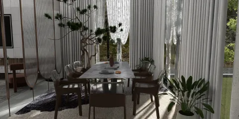 Modern dining area featuring a large table with wooden chairs, adorned with decorative elements and greenery, displaying an open and airy ambiance; designed using Homestyler's real-time 3D rendering feature for optimal renovation preview.