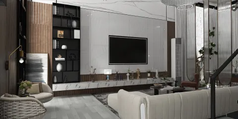 Modern living room featuring a sleek entertainment unit and stylish furniture layout, designed in a contemporary style to enhance spaciousness, utilizing Homestyler's real-time 3D rendering for visualization.