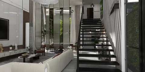 modern staircase design showcasing a beautiful upper level with greenery integration, highlighting interior decor optimization in a spacious living room using Homestyler's real-time 3D rendering feature.