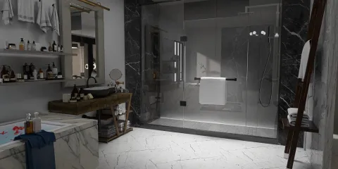 modern bathroom design featuring a glass shower enclosure and marble countertops, showcasing a luxurious interior decor style; utilizes Homestyler's real-time 3D rendering feature for effective design proposal visualization.