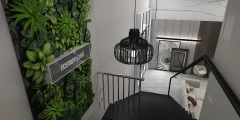 Lush vertical garden enhancing the staircase area with modern lighting design, showcasing interior decor with a touch of biophilic style and optimized space value using Homestyler's 3D rendering feature.