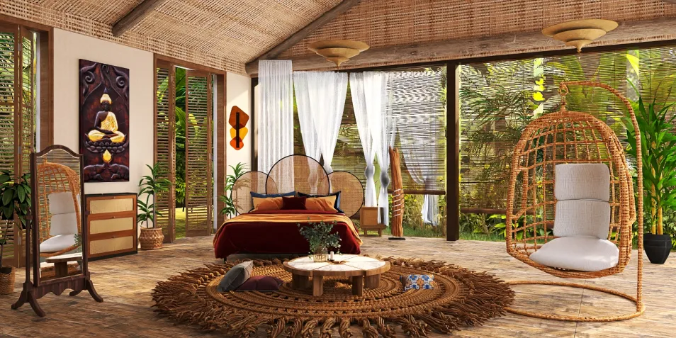 cozy rattan chair and bed design in a bohemian style, showcasing an inviting tropical bedroom interior with Homestyler's real-time 3D rendering feature.