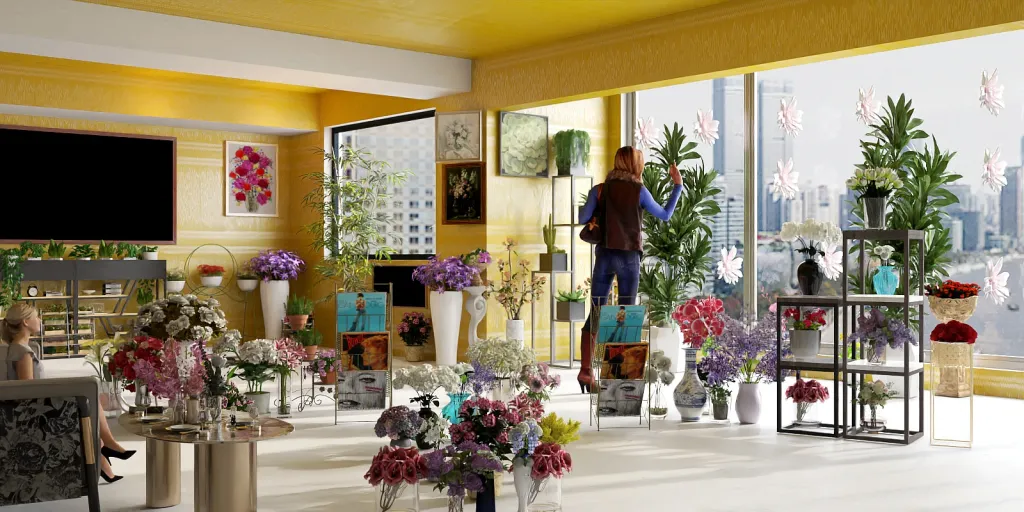 a room with a lot of flowers and a large window 