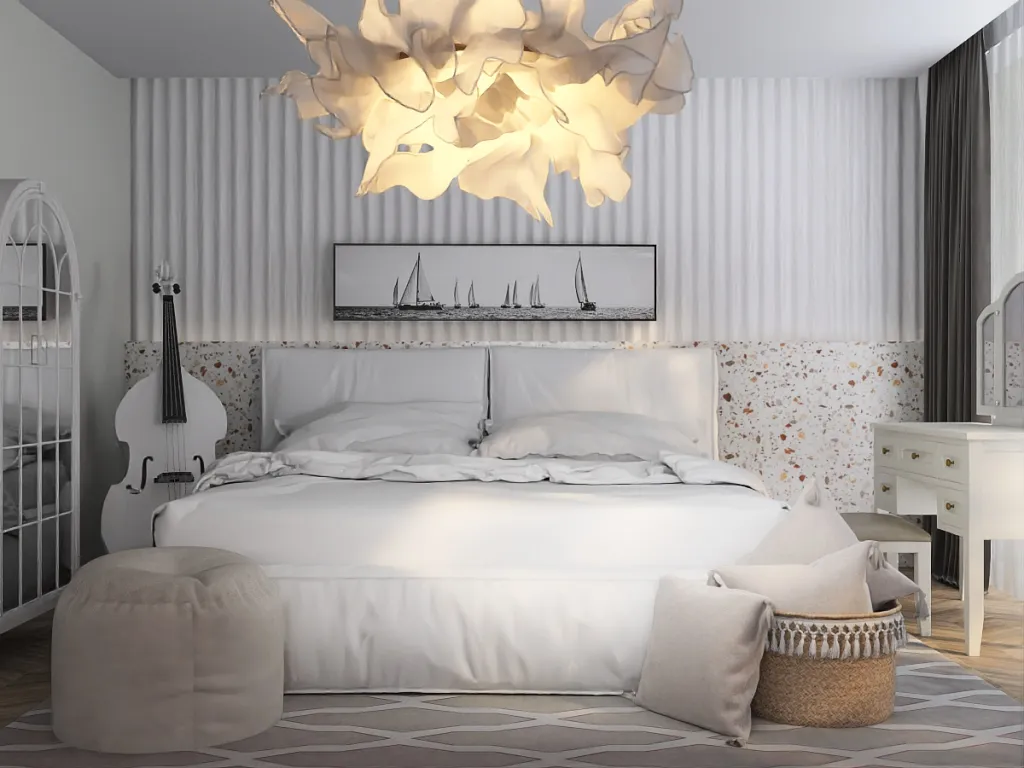 a bed with a white bedspread and a lamp 