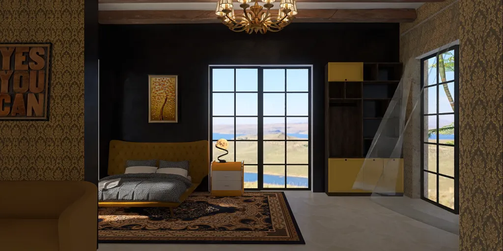 a room with a bed, a rug, and a window 