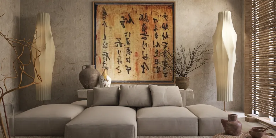 Cozy beige living room with a large artwork display, showcasing a modern art emphasis and soft contemporary style, featuring interior decor for optimal home aesthetics, utilizing Homestyler's real-time 3D rendering.