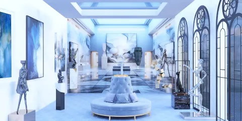 modern living room interior design showcasing vibrant artwork and sculptures with a sleek blue palette, utilizing Homestyler's real-time 3D rendering feature for immersive visualization.