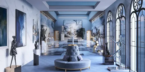 stylish art gallery showcasing modern sculptures and paintings, designed with elegant marble flooring and high ceilings, provides a luxurious interior decor experience using Homestyler's real-time 3D rendering feature.