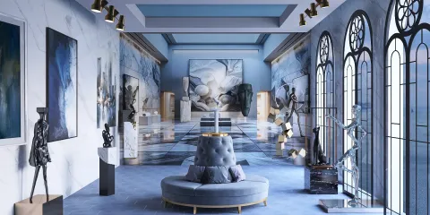 Art gallery showcasing modern sculptures and blue-toned decor with a spacious layout, featuring Homestyler's real-time 3D rendering for design proposals.