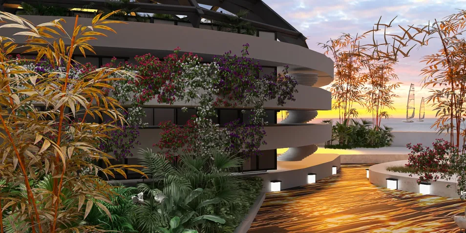 modern outdoor landscape design featuring tropical plants and flowers with sunset backdrop, showcasing Homestyler's real-time 3D rendering feature for visualizing exterior decor ideas.