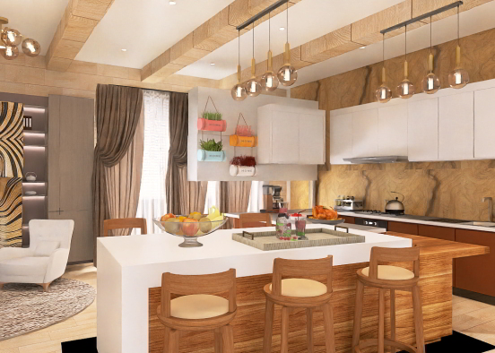 Rustic Open Kitchen and Mini bar Design Rendering