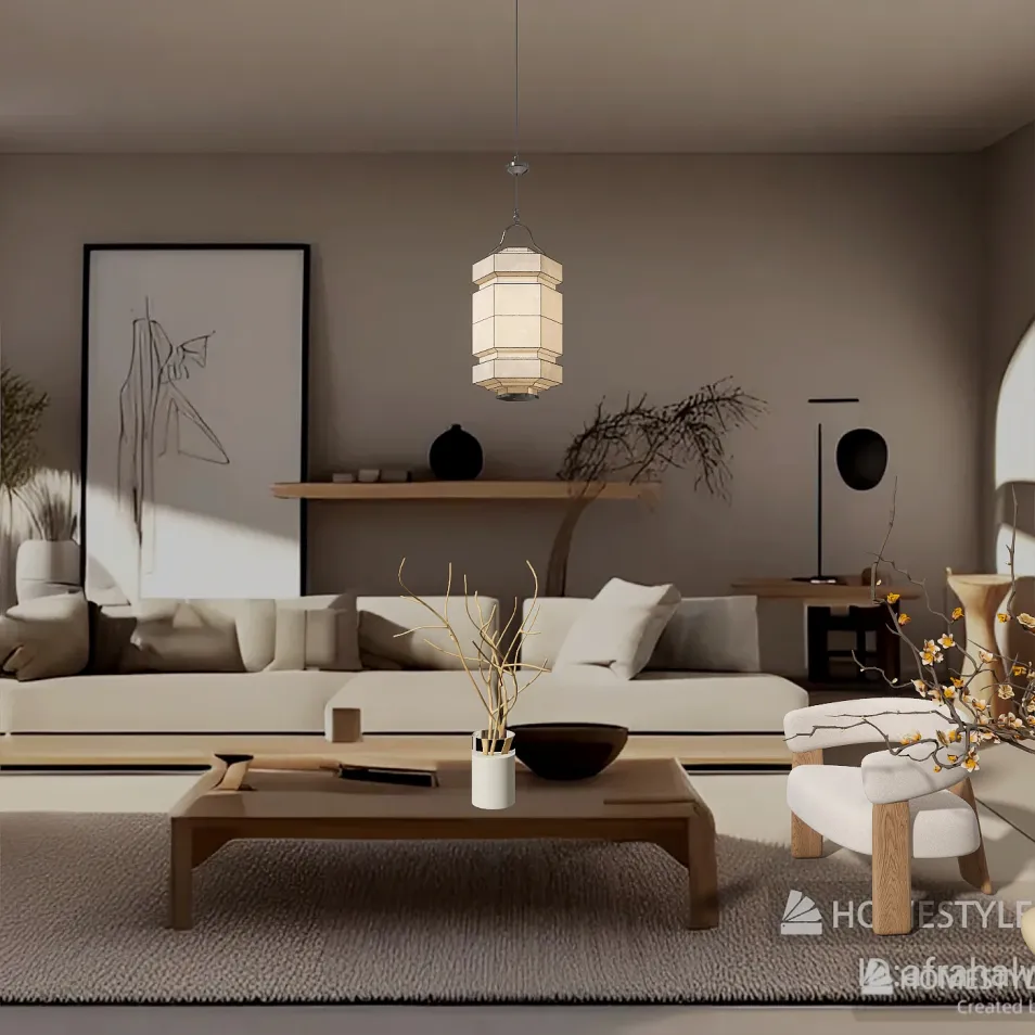 Modern living room with neutral tones featuring a cozy sofa and wooden coffee table, styled for a minimalist aesthetic, showcasing Homestyler's real-time 3D rendering capability.