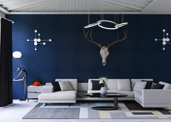 living room design with deep blue accent wall Design Rendering