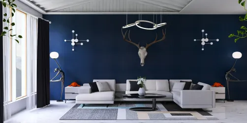 living room design with deep blue accent wall