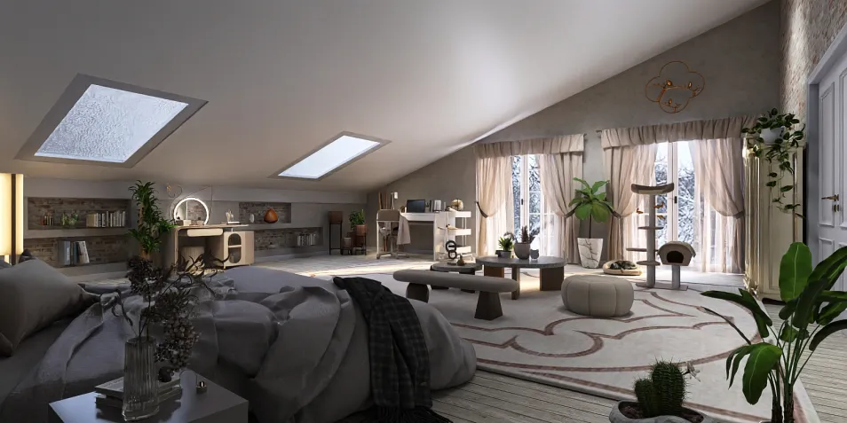 spacious attic bedroom design featuring cozy furniture arrangement in a contemporary style with natural light from skylights, highlighting interior decor options using Homestyler's real-time 3D rendering feature.