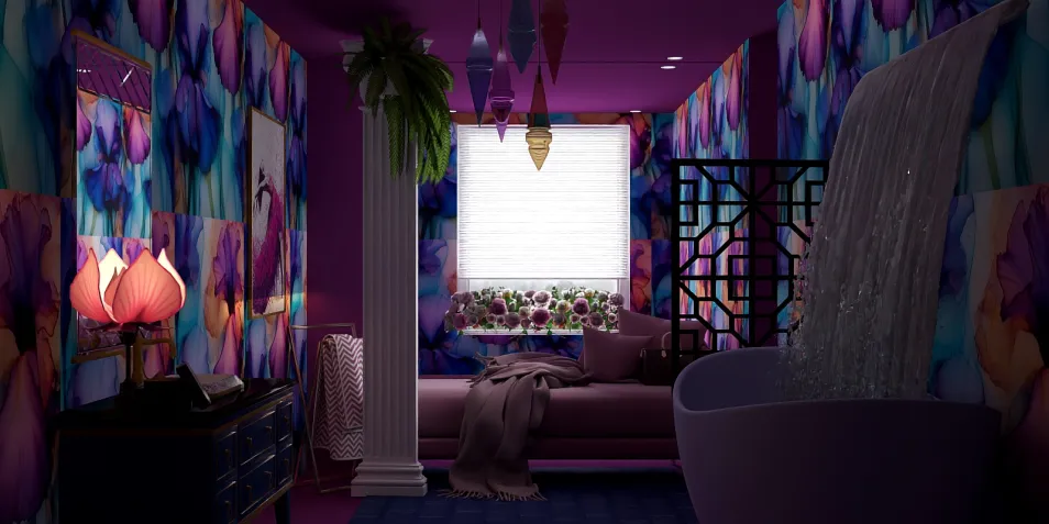 vibrant floral wallpaper accented bedroom design featuring a cozy seating area, showcasing real-time 3D rendering capability of Homestyler, perfect for interior decor optimization.