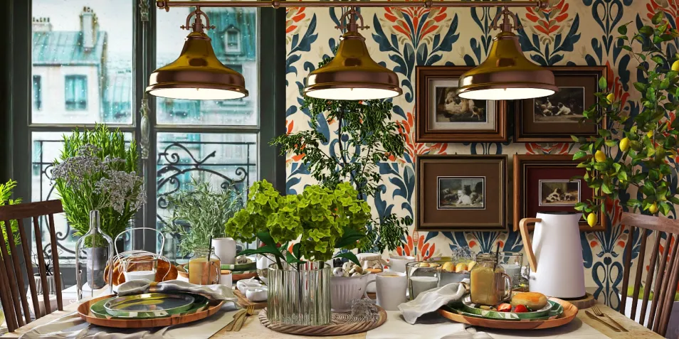 dining table arranged with food and decor in a cozy atmosphere featuring vintage lighting and floral wallpaper, showcasing interior design elements for a warm dining experience, utilizing Homestyler's real-time 3D rendering feature.